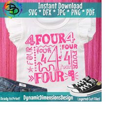 4th birthday collage svg, fourth, baby svg, fourth birthday, girl party, kid design, four year old, typography, silhouette, cricut svg