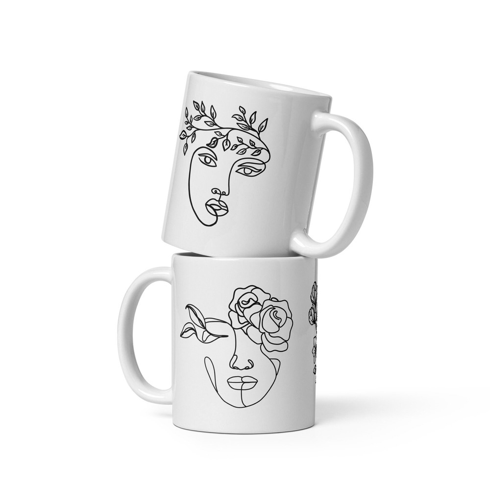 Minimalistic Outline Art 11oz White Ceramic Mug, Minimal Floral Girl White glossy mug, Gift For, Boss Gift, Coffee Mug, Coffee Cup, Girl Boy - 1.jpg