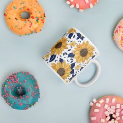 sunflower pattern white glossy ceramic mug, coffee mug