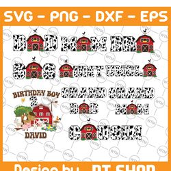 personalized name and age family farm birthday bundle png, embroidered farm party png, animal birthday png ,cow birthday