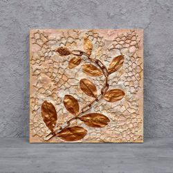 original botanique painting, neutral mixed media art, beige leaves art, small painting on canvas board, birthday gift