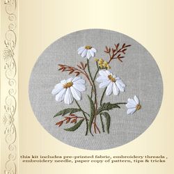 Hand embroidery kit daisy , craft kit for Beginners and Beyond, easy embroidery wreath