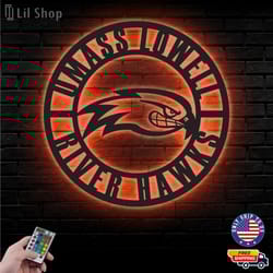 umass lowell river hawks metal sign, ncaa logo metal led wall sign, ncaa wall decor, umass lowell led metal wall art