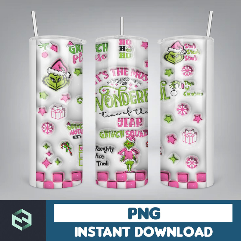 3D Inflated Pink Christmas Tumbler, Retro Merry Christmas, 3D Puffy Cartoon Funny Christmas, 3D Tumbler Wrap, 20oz Skinny Tumbler Png (2).jpg
