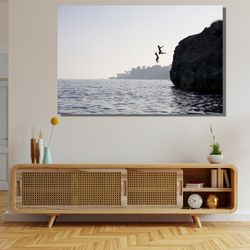 Cliff Diving Adventure Lifestyle Beach Ready To Hang Canvas,Minimalist Ocean Print,Fine Art Photography Home Wall Decor,
