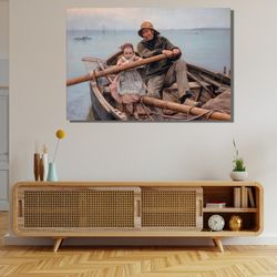 helping hand 1881 emile renouf ready to hang canvas,old fisherman helping young girl to row the boat poster,helping hand