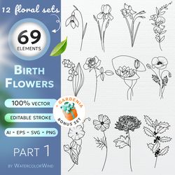 Outline Birth Month Flowers Illustrations