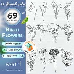 outline birth month flowers illustrations