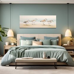 beach house wall art, sandpipers walking on the beach  panoramic painting canvas print, lakehouse decor, framed ready to