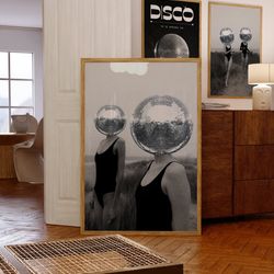 party poster, 70s art, black wall art, disco ball print, black and white poster, vintage poster, psychedelic art, retro