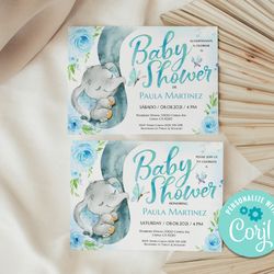 elephant spanish baby shower, elefante invitacion para nino, es nino invitacion, baby shower invitation boy, editable