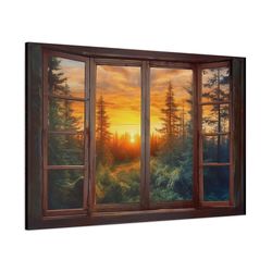 Window View Canvas, Forest View From Open Rustic Cabin Window Painting, Nature Landscape Wall Art Print Ready To Hang, H