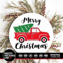 Christmas Truck with Tree Svg, Merry Christmas Svg, Christmas Tree Cut File, Farmhouse Svg, Dxf, Eps, Png, Round Sign Sv