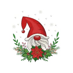 christmas gnome embroidery design, wreath embroidery file, poinsettia embroidery design, 3 sizes, instant download