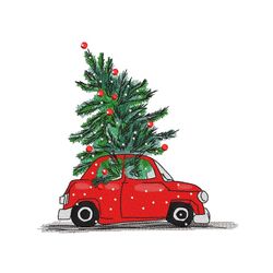 christmas tree embroidery design, vintage car embroidery file, 4 sizes, instant download