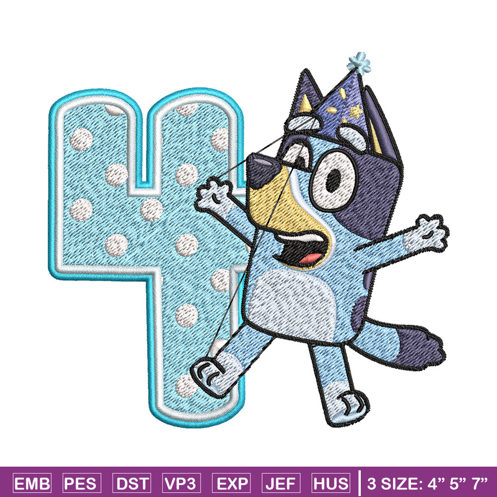 Bluey 4th Birthday Embroidery design, Bluey Cartoon Embroidery, Disney Embroidery, Embroidery File, digital download.jpg
