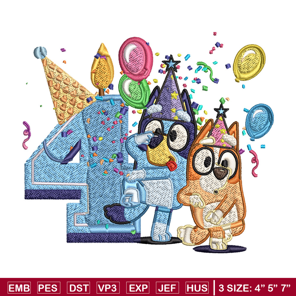 Bluey bingo 4th birthday Embroidery, Bluey birthday Embroidery, Embroidery File, cartoon design, Digital download..jpg