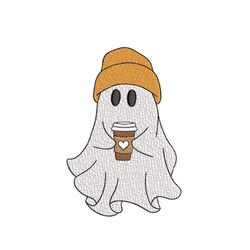 cute ghost with coffee embroidery design, halloween machine embroidery design, 3 sizes, instant download