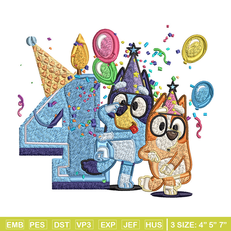 Bluey bingo 4th birthday Embroidery, Bluey birthday Embroidery, Embroidery File, cartoon design, Digital download..jpg