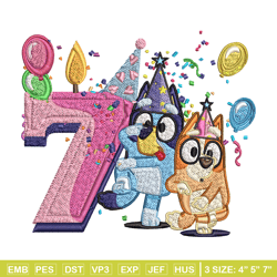 bluey bingo 7th birthday embroidery, bluey birthday embroidery, embroidery file, cartoon design, digital download.