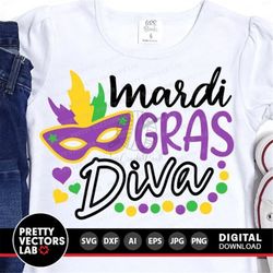 Mardi Gras Diva Svg, Girls Cut Files, Carnival Svg, Dxf, Eps, Png, Mask Svg, Beads Svg, Baby Clipart, Kids Shirt Design,