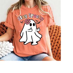 funny stay spooky t-shirt, funny boo ghost halloween t-shirt, ghost halloween tshirt, skeleton graphic t-shirt, hallowee