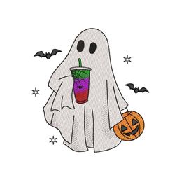 ghost with halloween loaded tea and pumpkin embroidery design, halloween ghost machine embroidery design, 3 sizes, insta