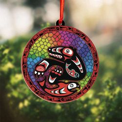 Haida Art Suncatcher Ornament: Bear Catching Salmon - Native American Style Christmas Ornaments