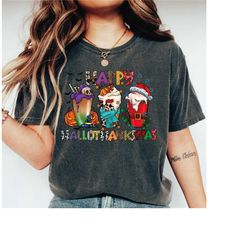 Happy Hallothanksmas Comfort Colors Shirt, Fall Coffee Halloween Shirt, Cute Thansgiving T-Shirt, Funny Christmas Shirt