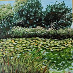Original acrylic art summer landscape, handmade painting water lily creek, art work landscape painting.