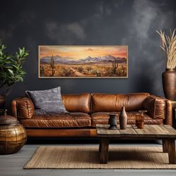 Desert Landscape Oil Painting With Cactus Printed On Canvas - Panoramic Arizona Sonoran Desert Wall Art- With or Without