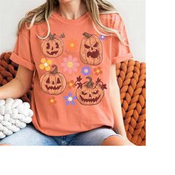 Comfort Colors vintage floral Pumpkins T-shirt, Halloween Pumpkin shirt cute shirt for fall,Retro halloween Top, Fall Ts