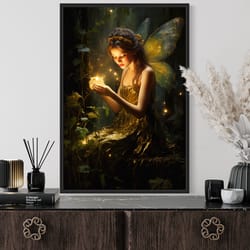fairy painting - beautiful forest fairy with firefly - girls room fantasy vertical wall art canvas print framed unframed