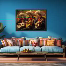 mexican wall art - mariachi band oil painting canvas print or poster - music wall decor framed or unframed ready to han