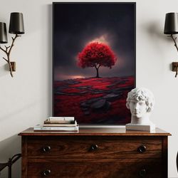 red tree on black and white living room wall art - beautiful tree painting canvas print - vertical framed or unframed re