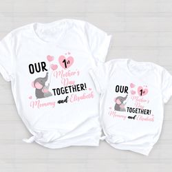 personalized name our first mothers day matching shirt png, elephant mom and baby first mothers day shirt png, first mot
