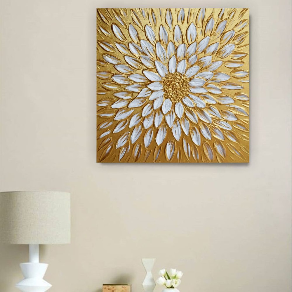 gold-flower-painting-floral-home-decor-daisy-textured-painting