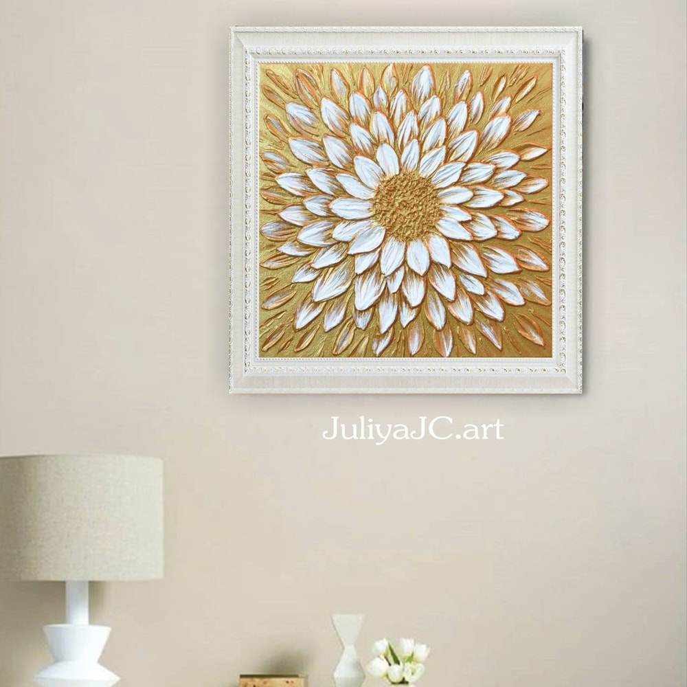 Floral-living-room-decor-gold-flower-painting-daisy-artwork