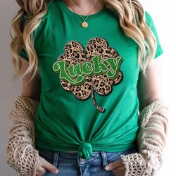 lucky four clover shamrock leaf patricks day shirt png, happy st. patricks day lucky leopard cheetah shamrock leaf st.
