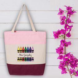 custom crayons teacher tote bag, personalized name teacher gifts, teacher appreciation tote bags, pencil teachers name s