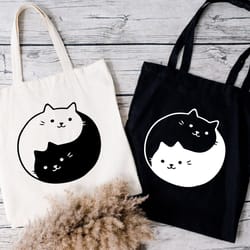 cute cat tote bag, cat lover gifts, yin yang cat bags, cat mom tote bag,cat boot totes,reading tote bag,pet lover librar
