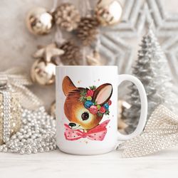 retro christmas mug holiday gift, retro reindeer pink christmas