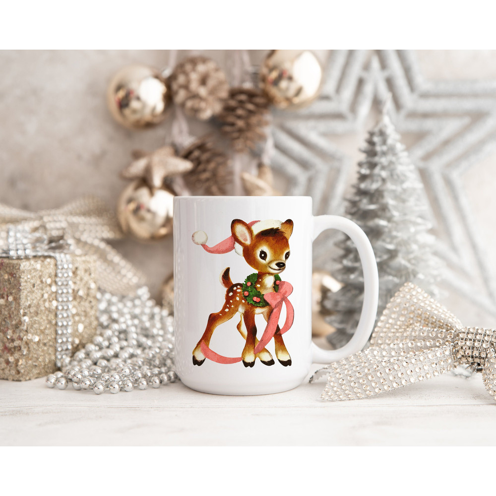 Retro Christmas Mug, Pink Christmas Reindeer Mug, Mid Century Modern Christmas Decor Vintage Reindeer Family Christmas Mug Coffee Lover Gift - 1.jpg