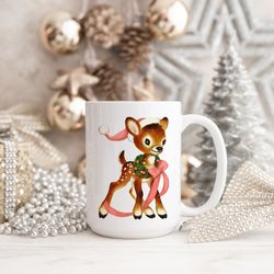 retro christmas mug, pink christmas reindeer mug