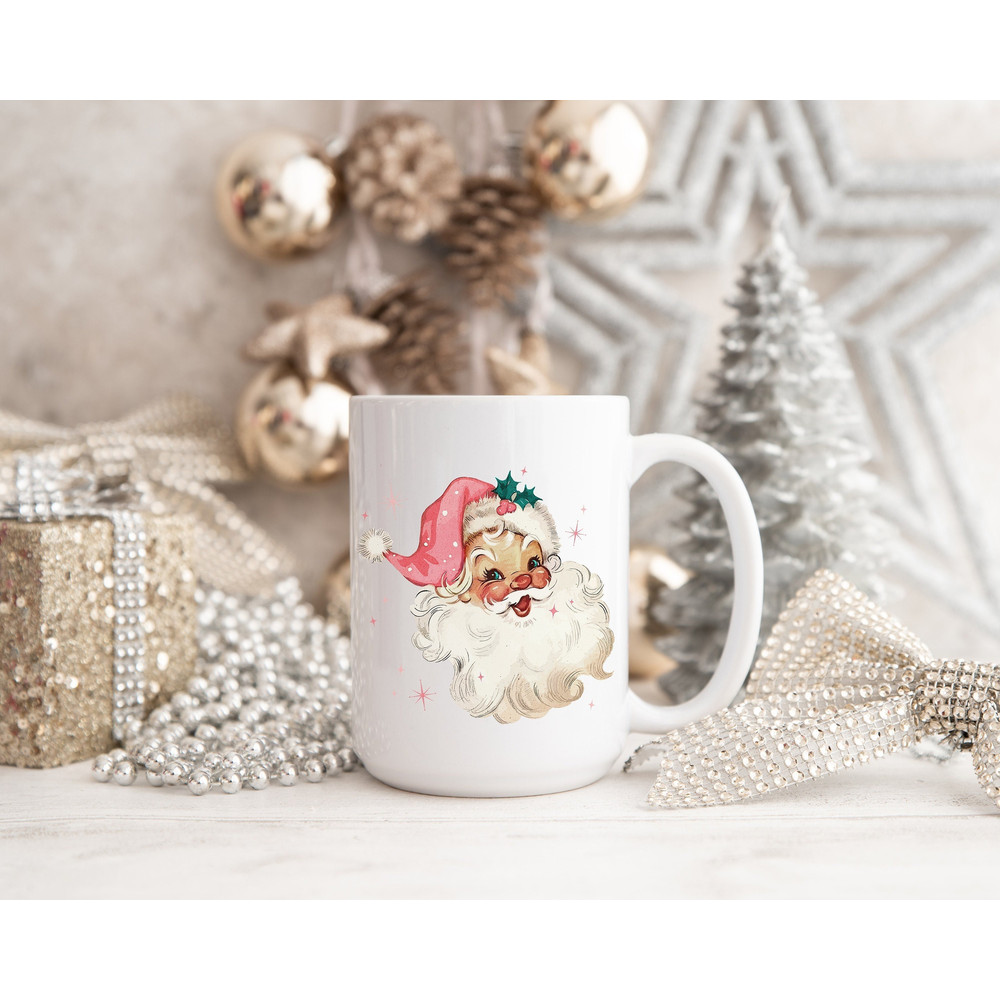 Retro Pink Santa Mug Christmas Gift, Vintage Santa Pink Christmas Coffee Lover Gift, Vintage Christmas Mug, Mid Century Modern Santa Decor - 1.jpg