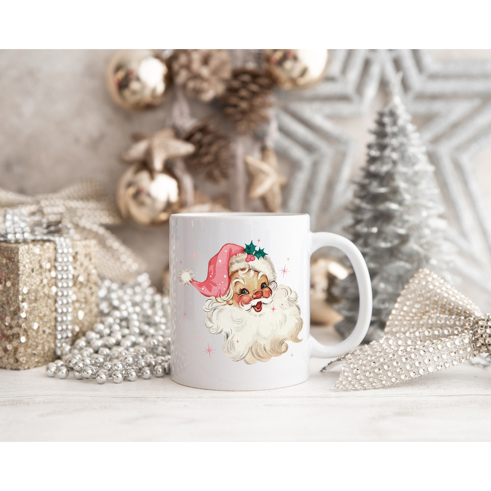 Retro Pink Santa Mug Christmas Gift, Vintage Santa Pink Christmas Coffee Lover Gift, Vintage Christmas Mug, Mid Century Modern Santa Decor - 3.jpg