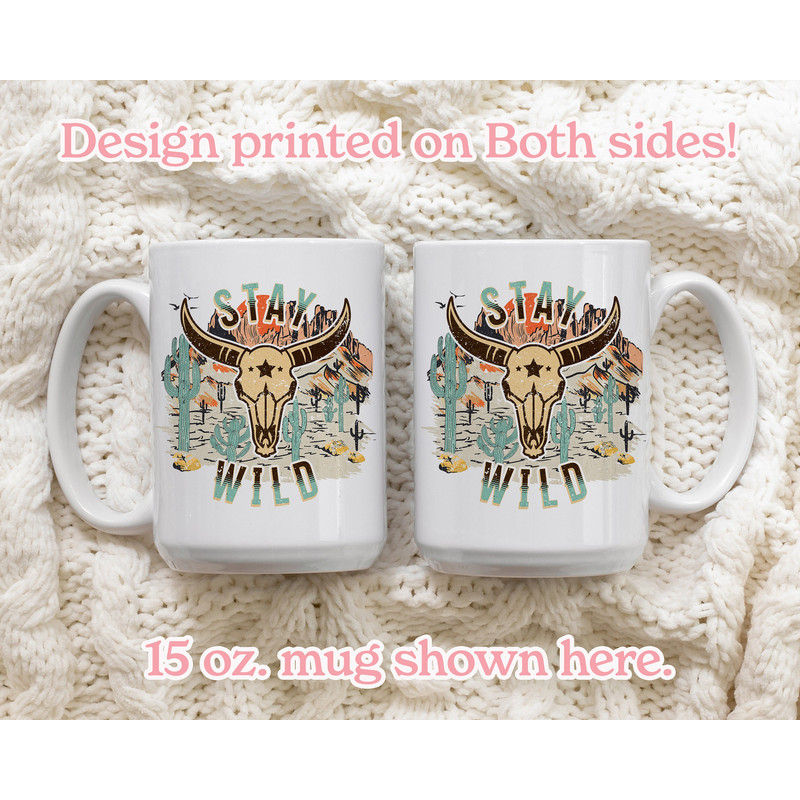 Stay Wild Mug, Country Western Cowgirl Gift, 11oz and 15oz Sturdy Ceramic Coffee Mug, Trendy Boho Cow Mug, Texas Longhorn Bull Skull Mug - 2.jpg