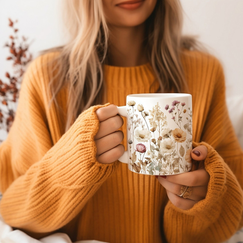 Wildflower Mug, Cottagecore Pressed Flower 11oz Ceramic Mug for Mom Gift for Teacher, Floral Holiday Mug, Coffee Lover Gift, Boho Aesthetic - 1.jpg