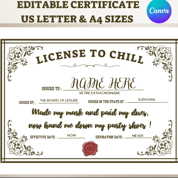 License to Chill Retirement Certificate Editable, Customizab | Inspire Uplift license-to-chill-retirement-certificate-editable-customizab-inspire-uplift