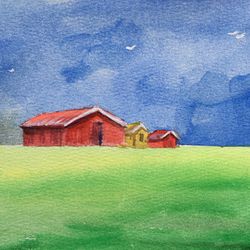 Red barn house painting Landscape Original Painting Watercolor Art